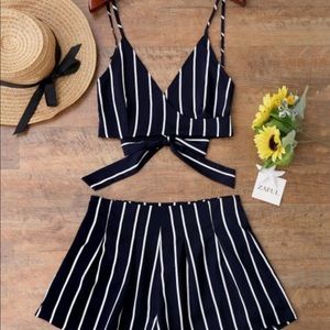Striped wrap top and shorts two piece set.